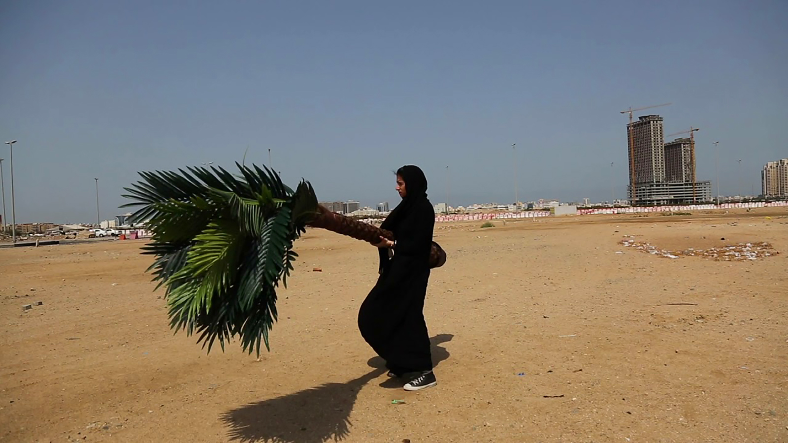 Woman walks in a desert landscape carrying a palm tree